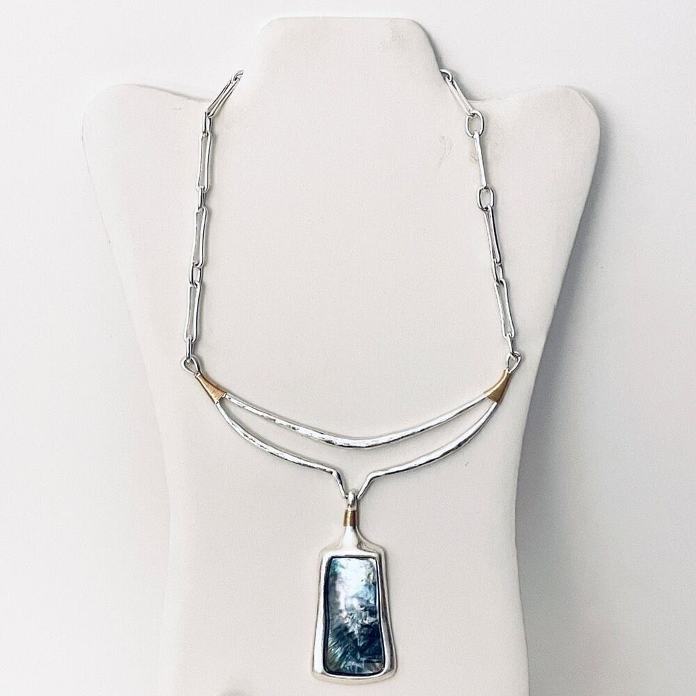 NWT Robert Lee Morris Soho 2-Tone Silver Gold Sculptural Stone Pendant Necklace